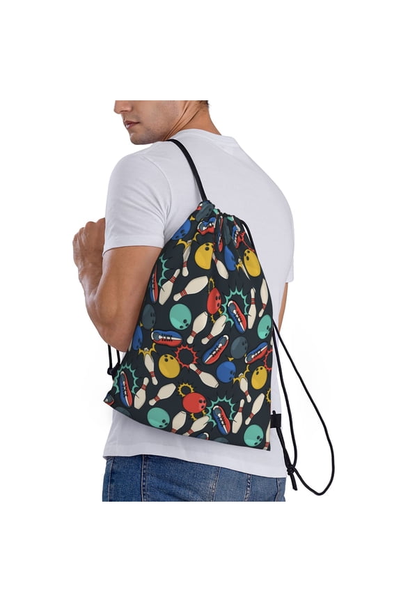Bowling Ball Print Drawstring Backpack Bag Sport Gym Sackpack Heavy Duty String Backpack for Men Women