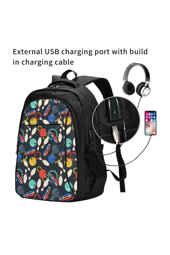 Bowling Ball Print Travel Laptop Backpack,Slim Sturdy Laptops Backpack with USB Charging Port, Water Resistant College School Computer Bag