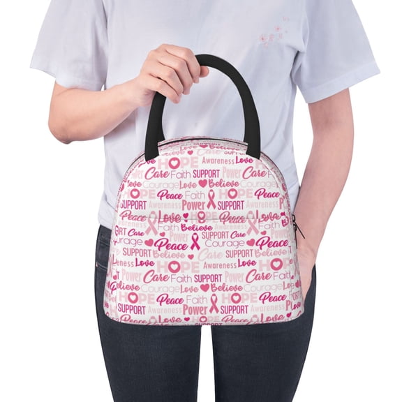 Ratiio Breast Cancer Ribbons Awareness Print Insulated Lunch Bag Women Reusable Lunch Box with Pocket for Work Picnic Travel