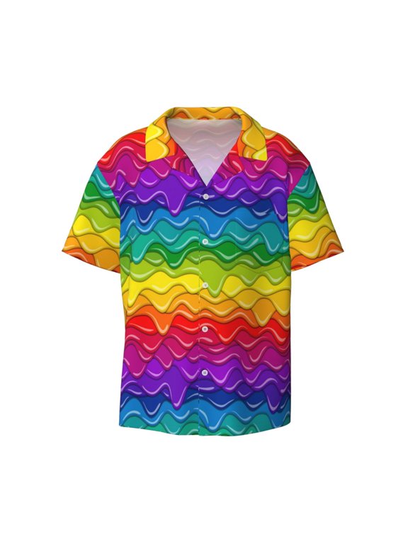 Bright Rainbow Print Mens Casual Short Sleeve Shirts Button Down Textured Shirts Summer Beach Shirt with Pocket Men's Casual Short-sleeved Shirt