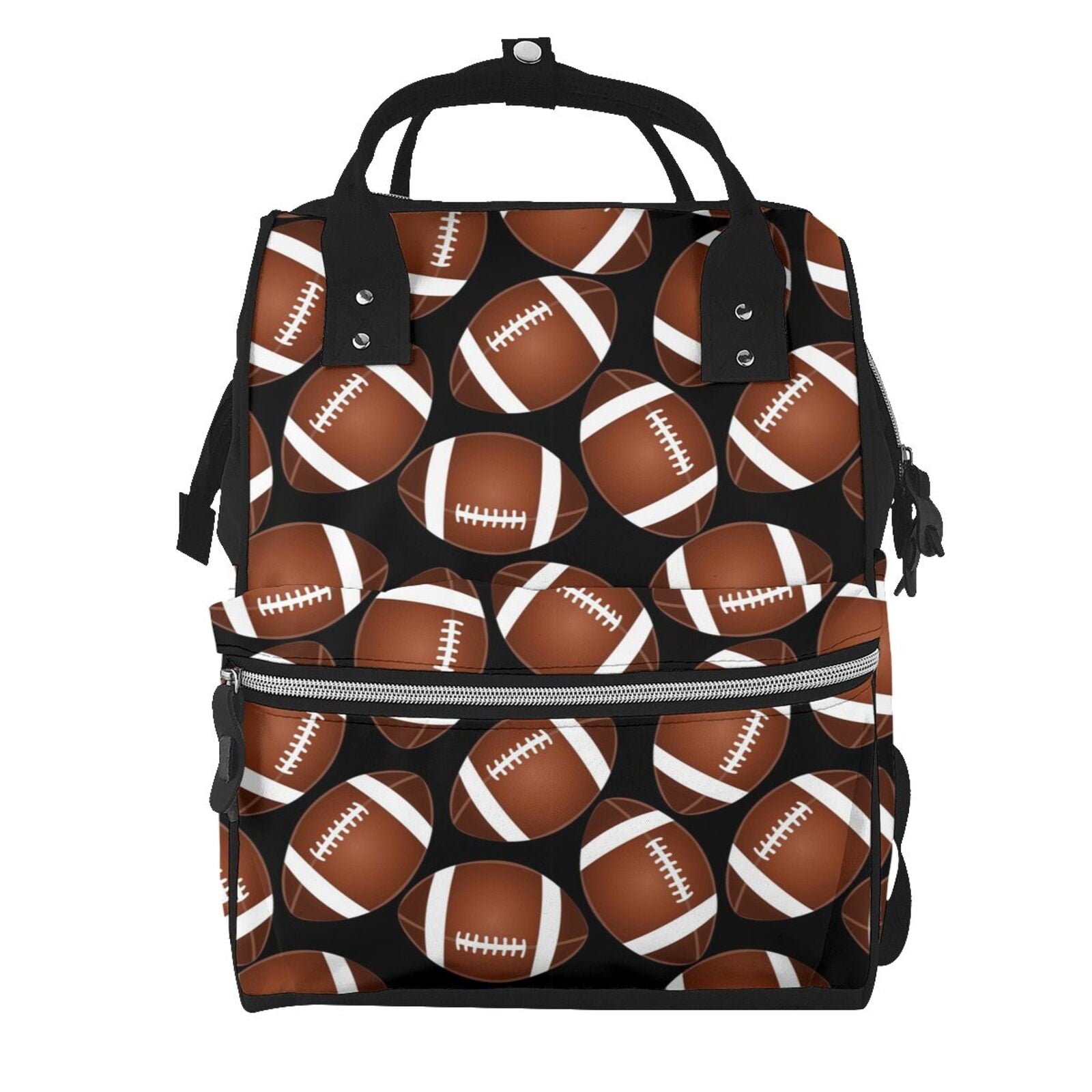 Ratiio Brown Football On Black Mummy Backpack - Waterproof Twill Canvas, Large Capacity Diaper Bag with Multiple Pockets and Adjustable Straps