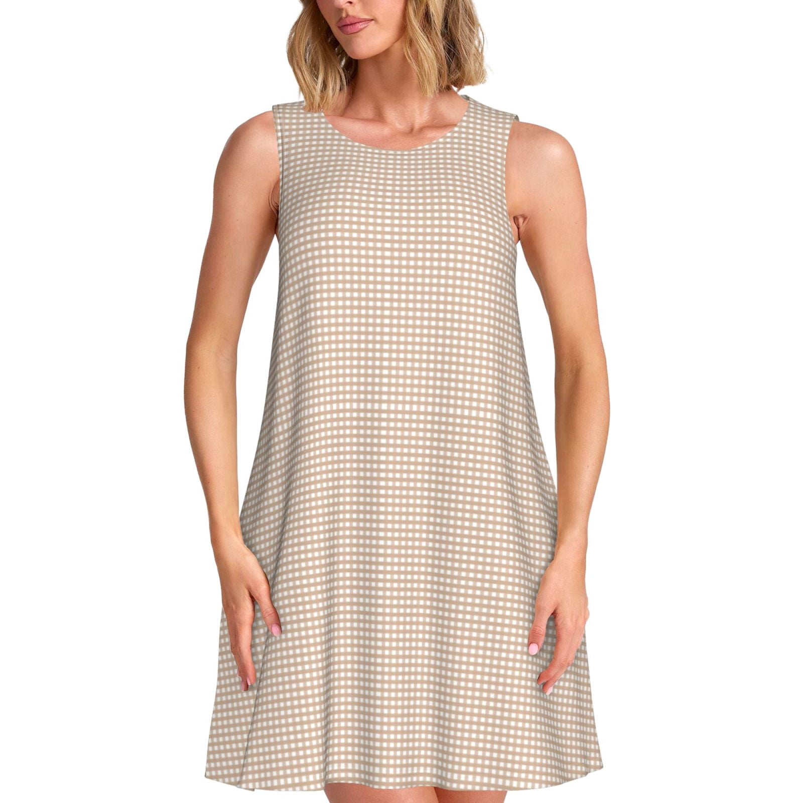 brown gingham womens dress Beige Suede Plunge V Neck Tie Mini June Dress L main image 1