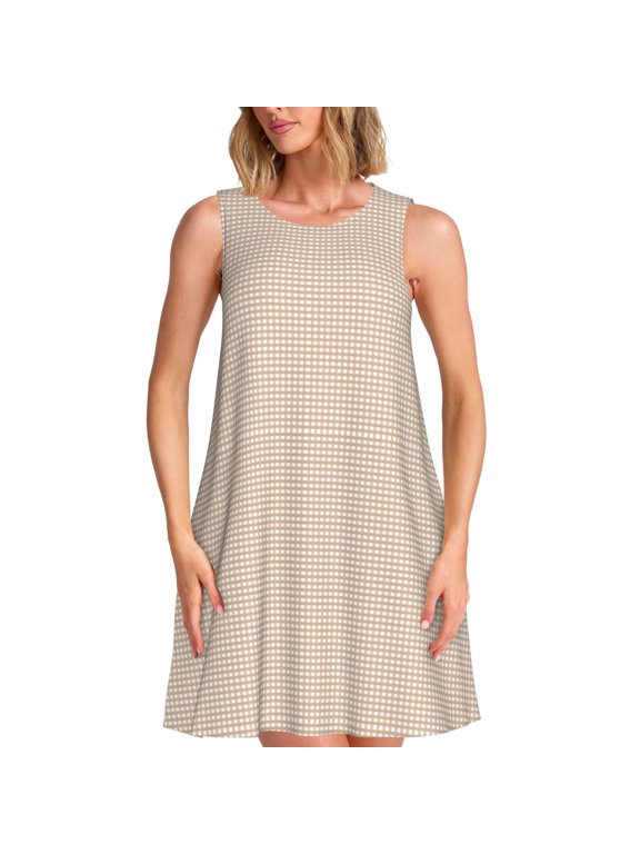 Brown Gingham Pattern Women's Sleeveless Dress - Casual Summer Dress with Pockets, Above Knee Length, Round Neck, Ideal for Beach, Vacation, Work