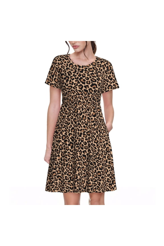 Brown Leopard Print Women's Short Sleeve Dress - Casual A-Line Dress with Side Pockets, Elastic Waist, Comfortable and Breathable Summer Dress