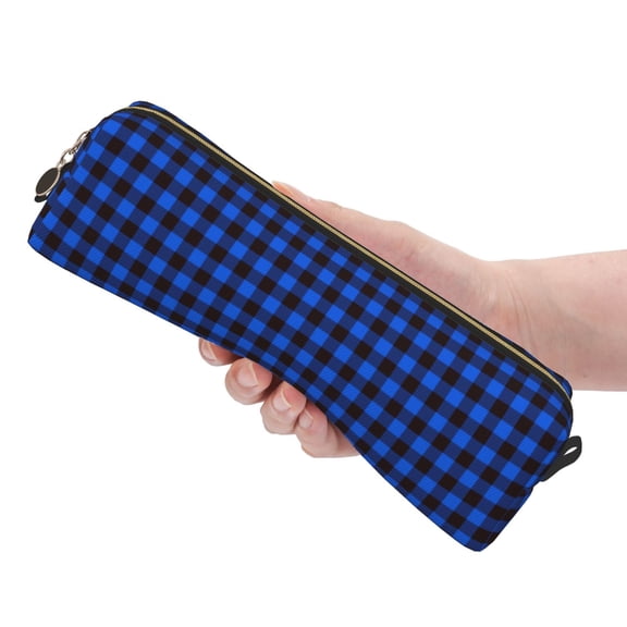 Ratiio Buffalo Plaid Blue Black Pattern Leather Pencil Case, Pencil Pouch with Durable Zipper, Compact and Stylish Organizer for Stationery, Art Supplies, Travel Essentials