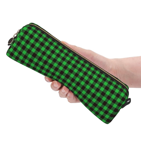 Ratiio Buffalo Plaid Green Black Pattern Leather Pencil Case, Pencil Pouch with Durable Zipper, Compact and Stylish Organizer for Stationery, Art Supplies, Travel Essentials