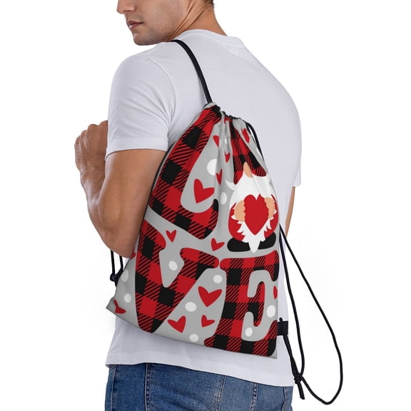 Ratiio Buffalo Plaid Love And Gnome Print Drawstring Backpack Bag Sport Gym Sackpack Heavy Duty String Backpack for Men Women