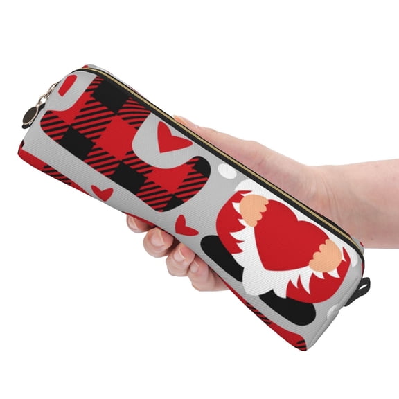 Ratiio Buffalo Plaid Love And Gnome Pattern Leather Pencil Case, Pencil Pouch with Durable Zipper, Compact and Stylish Organizer for Stationery, Art Supplies, Travel Essentials