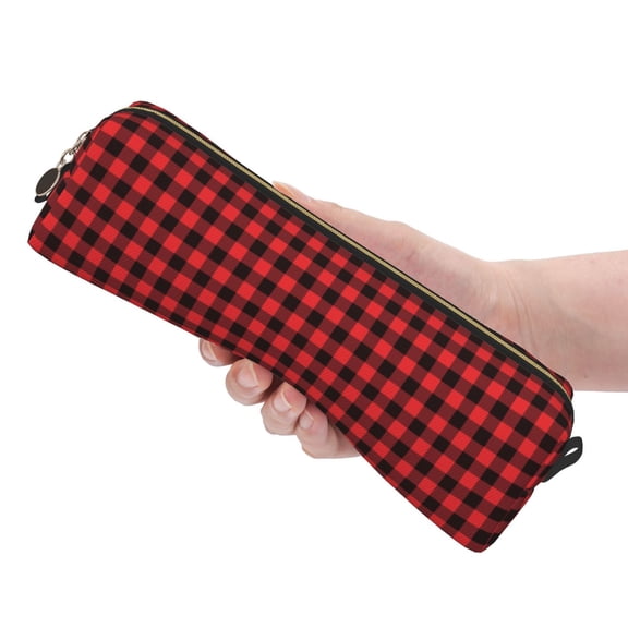 Ratiio Buffalo Plaid Red Black Pattern Leather Pencil Case, Pencil Pouch with Durable Zipper, Compact and Stylish Organizer for Stationery, Art Supplies, Travel Essentials