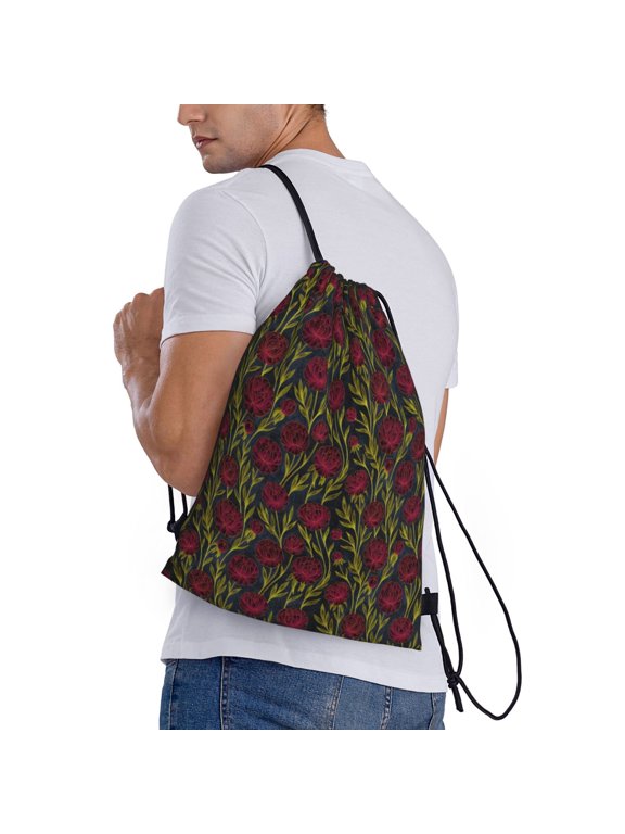 Burgundy Peony Flowers Print Drawstring Backpack Bag Sport Gym Sackpack Heavy Duty String Backpack for Men Women