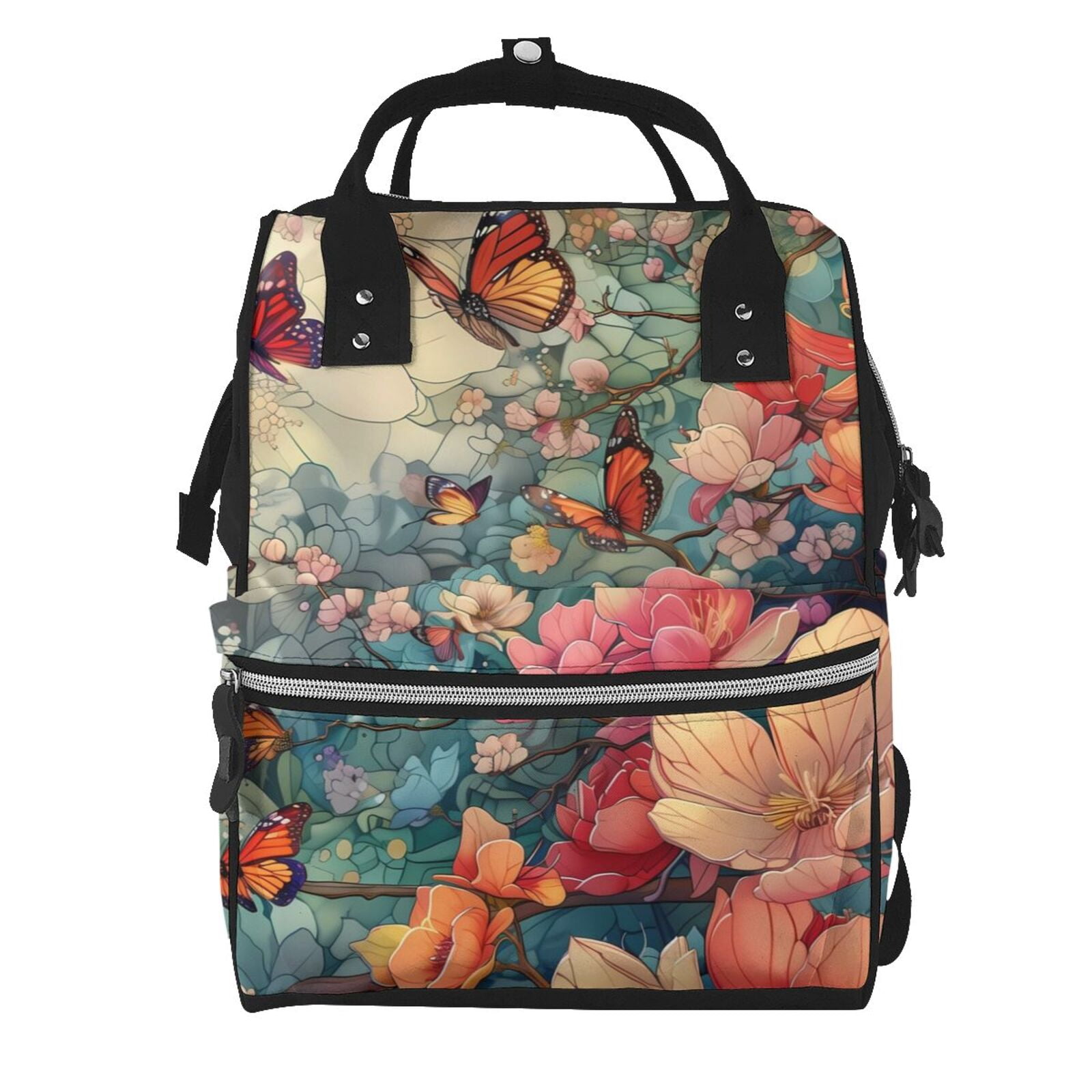 Ratiio Butterflies In Blooming Garden Mummy Backpack - Waterproof Twill Canvas, Large Capacity Diaper Bag with Multiple Pockets and Adjustable Straps