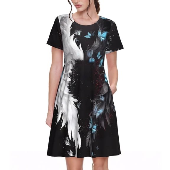 Ratiio Butterfly Angel Wings Art Print Women's Short Sleeve Dress - Casual A-Line Dress with Side Pockets, Elastic Waist, Comfortable and Breathable Summer Dress