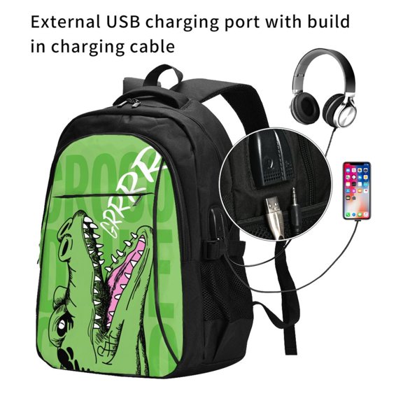 Ratiio CROCODILE HEAD Print Travel Laptop Backpack,Slim Sturdy Laptops Backpack with USB Charging Port, Water Resistant College School Computer Bag