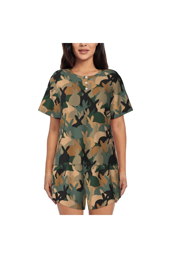 Camouflage Rabbit Print Womens Pajama Sets 2 Piece Soft Short Sleeve Top and Shorts Sleepwear Round Neck Pjs Lounge Set
