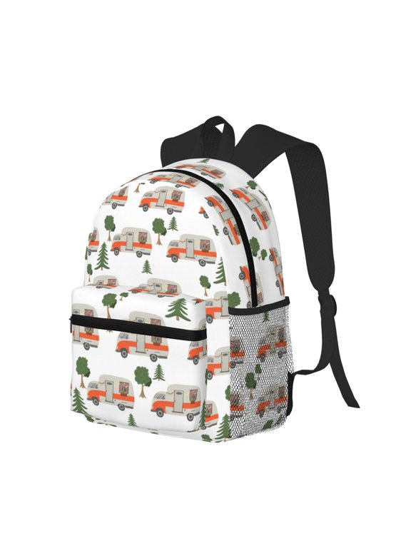 Camp Van Print Casual Backpack for Men and Women, Water Resistant Oxford Fabric School Bag Lightweight Travel Daypack