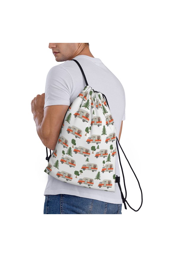 Camp Van Print Drawstring Backpack Bag Sport Gym Sackpack Heavy Duty String Backpack for Men Women