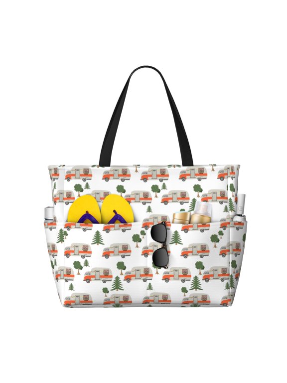 Camp Van Print Large Capacity Beach Travel Bag, Polyester Waterproof Tote Bag with Zipper for Vacation and Daily Use