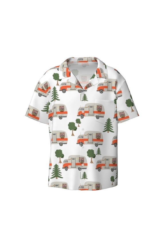 Camp Van Print Mens Casual Short Sleeve Shirts Button Down Textured Shirts Summer Beach Shirt with Pocket Men's Casual Short-sleeved Shirt