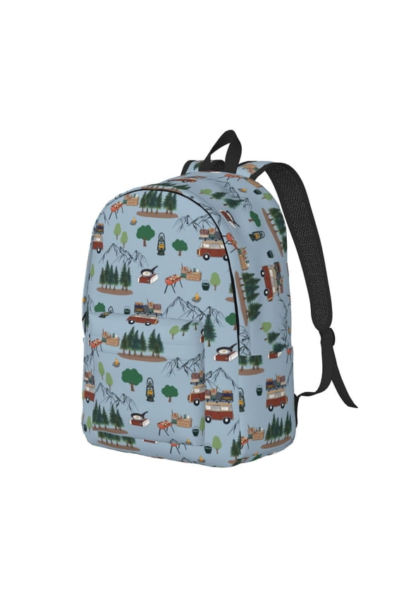 Camping Caravan Print Canvas Backpack for Women & Men Retro Aesthetic Rucksack Basic Backpack for High School/College Students Travel Laptop Bag