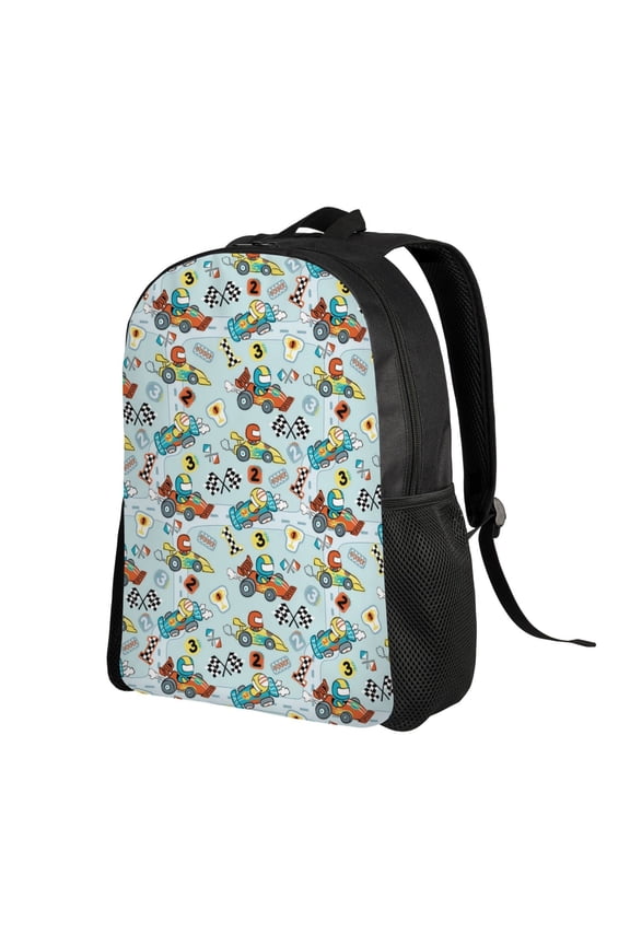 Cartoon Car Racing Print Backpack with Padded 15-inch Laptop Sleeve- Spacious and Durable Daypack for Work and Travel