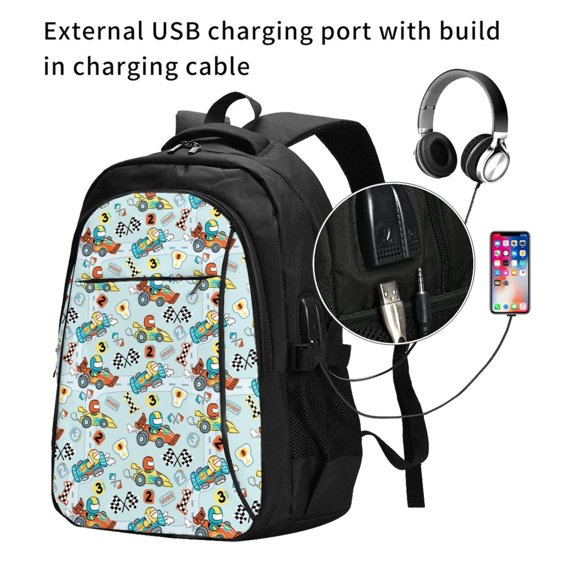 Ratiio Cartoon Car Racing Print Travel Laptop Backpack,Slim Sturdy Laptops Backpack with USB Charging Port, Water Resistant College School Computer Bag