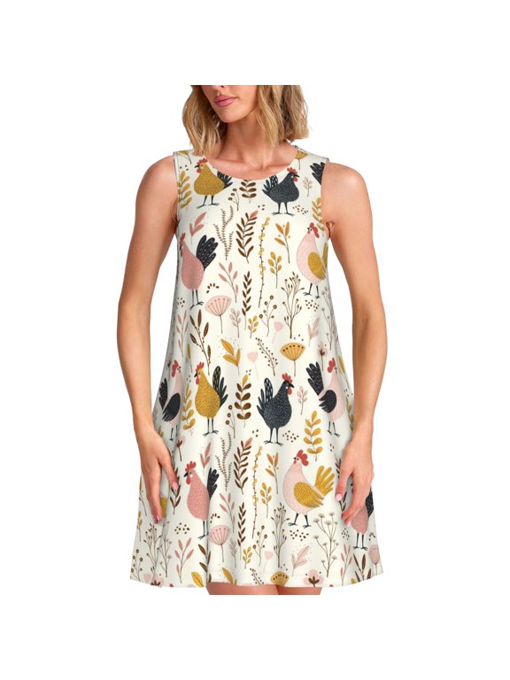 Cartoon Chickens Pattern Women's Sleeveless Dress - Casual Summer Dress with Pockets, Above Knee Length, Round Neck, Ideal for Beach, Vacation, Work