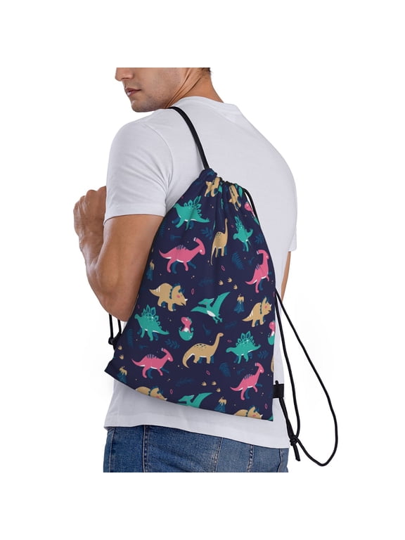 Cartoon Dinosaur Print Drawstring Backpack Bag Sport Gym Sackpack Heavy Duty String Backpack for Men Women