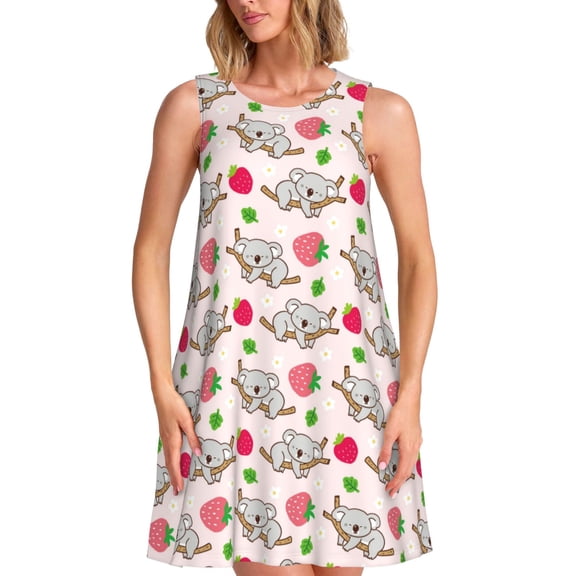 Ratiio Cartoon Koala Bear Pattern Women's Sleeveless Dress - Casual Summer Dress with Pockets, Above Knee Length, Round Neck, Ideal for Beach, Vacation, Work