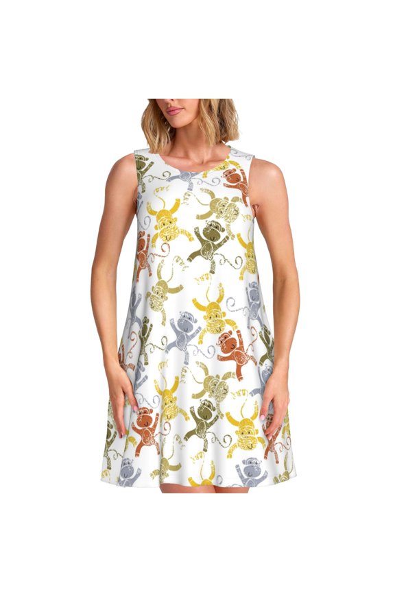 Cartoon Monkey Pattern Women's Sleeveless Dress - Casual Summer Dress with Pockets, Above Knee Length, Round Neck, Ideal for Beach, Vacation, Work
