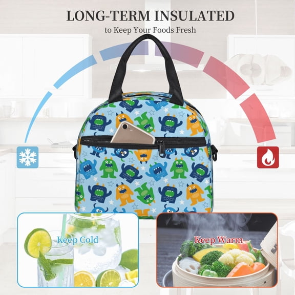 Ratiio Cartoon Monster Pattern Lunch Bag ,Insulated Lunch Box, Small Leakproof Cooler Food Lunch Containers Reusable High Capacity Lunch Tote Bags