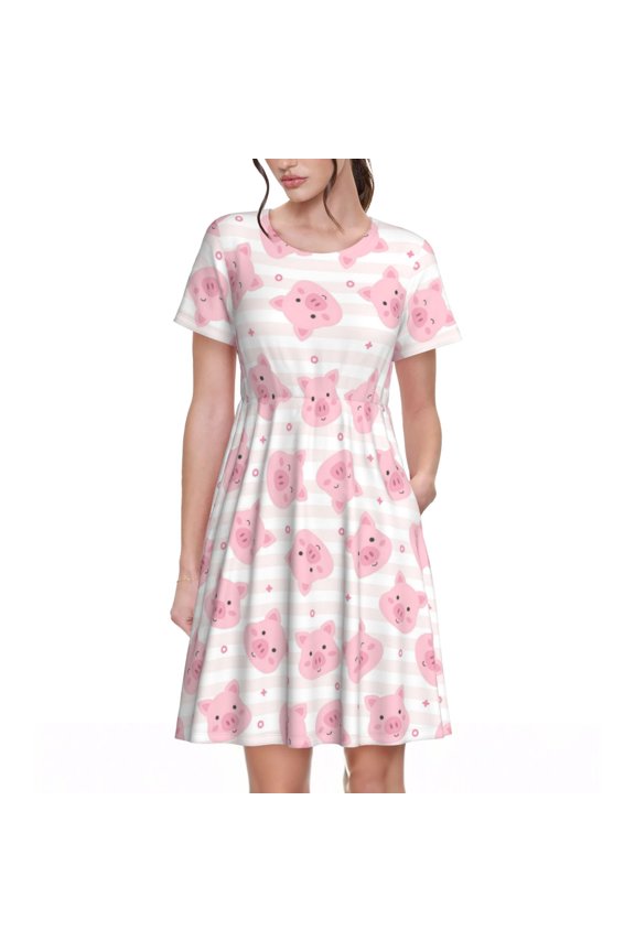 Cartoon Pig Print Women's Short Sleeve Dress - Casual A-Line Dress with Side Pockets, Elastic Waist, Comfortable and Breathable Summer Dress