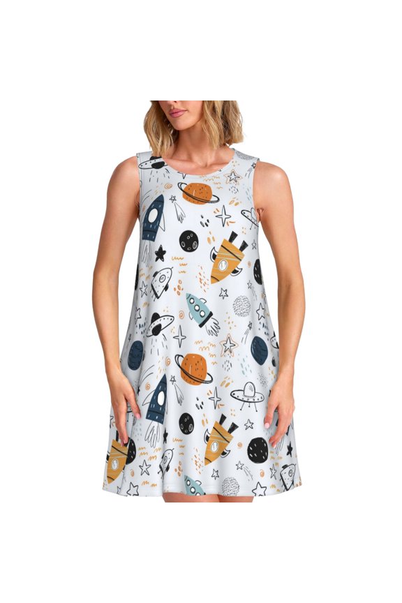 Cartoon Planets Pattern Women's Sleeveless Dress - Casual Summer Dress with Pockets, Above Knee Length, Round Neck, Ideal for Beach, Vacation, Work