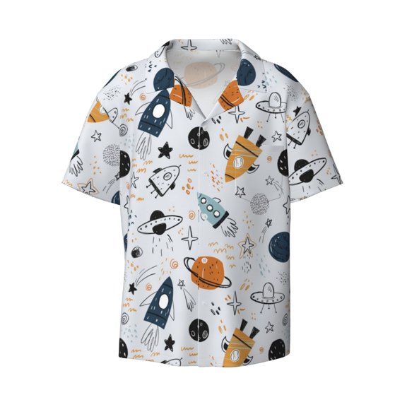 Ratiio Cartoon Planets Print Mens Casual Short Sleeve Shirts Button Down Textured Shirts Summer Beach Shirt with Pocket Men's Casual Short-sleeved Shirt