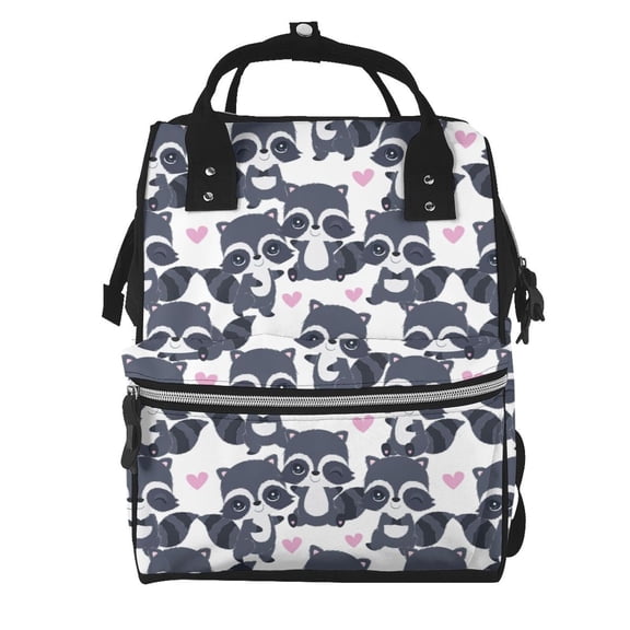 Ratiio Cartoon Raccoon Mummy Backpack - Waterproof Twill Canvas, Large Capacity Diaper Bag with Multiple Pockets and Adjustable Straps