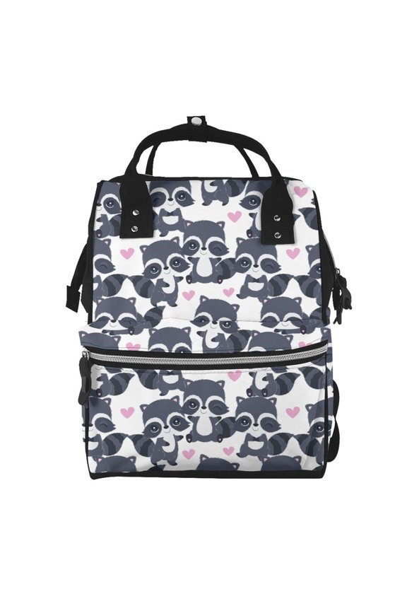 Cartoon Raccoon Mummy Backpack - Waterproof Twill Canvas, Large Capacity Diaper Bag with Multiple Pockets and Adjustable Straps