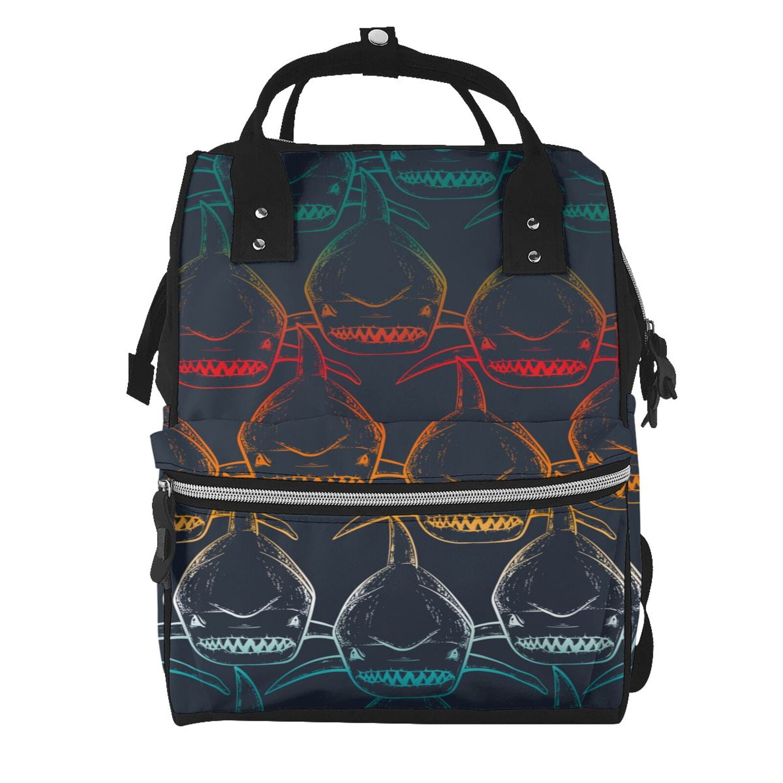 Ratiio Cartoon Sharks Mummy Backpack - Waterproof Twill Canvas, Large Capacity Diaper Bag with Multiple Pockets and Adjustable Straps