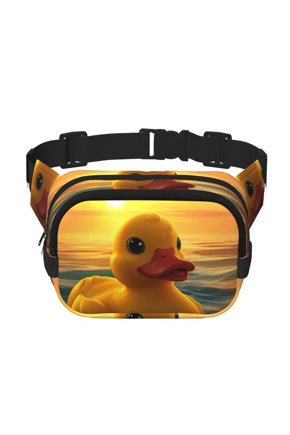 Cartoon Swimming Yellow Duck Pattern Square Double Layer Waist Bag, Durable Twill Fabric Waist Pack with Adjustable Belt,Outdoor Hiking, Running, Travel Waist Bag
