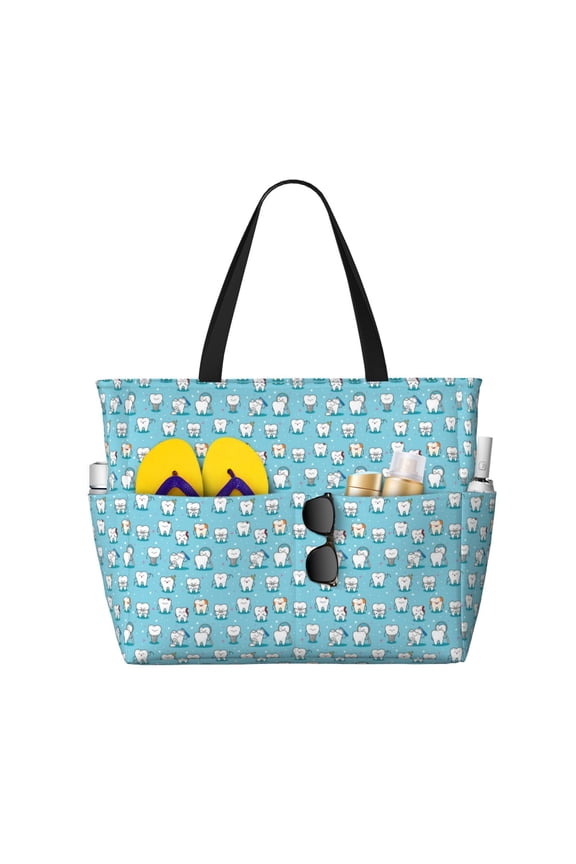 Cartoon Teeth Print Large Capacity Beach Travel Bag, Polyester Waterproof Tote Bag with Zipper for Vacation and Daily Use
