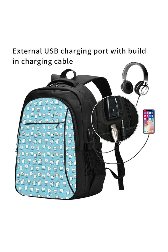 Cartoon Teeth Print Travel Laptop Backpack,Slim Sturdy Laptops Backpack with USB Charging Port, Water Resistant College School Computer Bag
