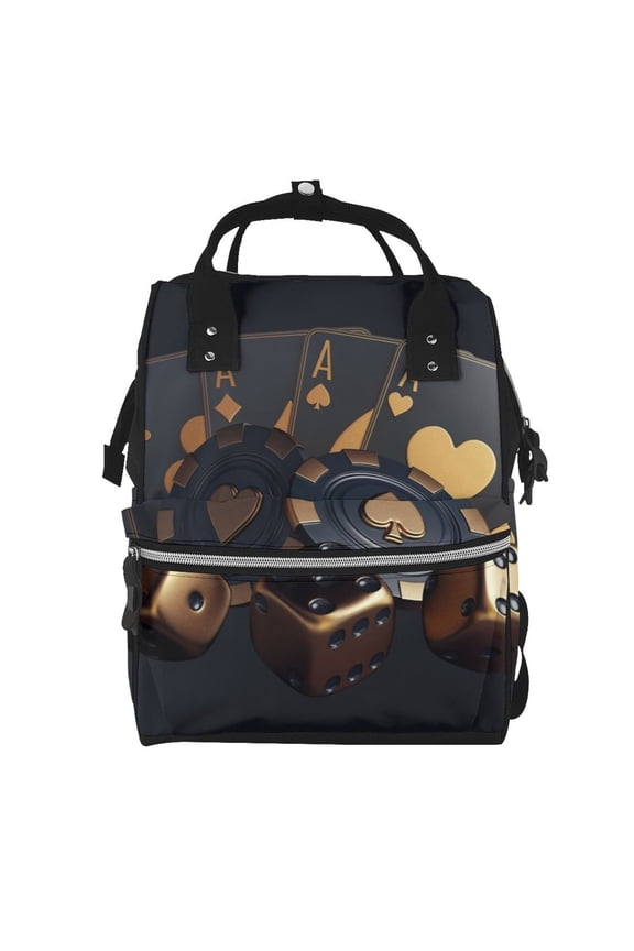 Casino Cards Poker Mummy Backpack - Waterproof Twill Canvas, Large Capacity Diaper Bag with Multiple Pockets and Adjustable Straps