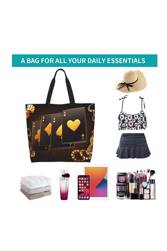 Casino Playing Cards Print Reusable Grocery Bags - Washable, Foldable, Packable Tote, Large Handles, Heavy Duty, Zippered Top Pouch