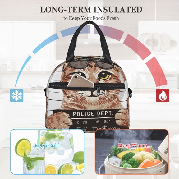 Ratiio Cat Holding Mugshot Sign Pattern Lunch Bag ,Insulated Lunch Box, Small Leakproof Cooler Food Lunch Containers Reusable High Capacity Lunch Tote Bags