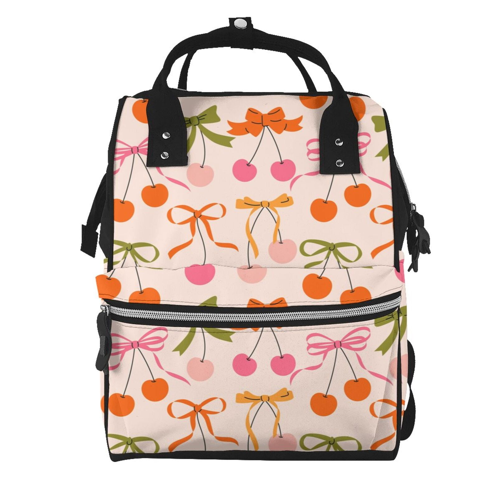 Ratiio Cherries And Bows Mummy Backpack - Waterproof Twill Canvas, Large Capacity Diaper Bag with Multiple Pockets and Adjustable Straps