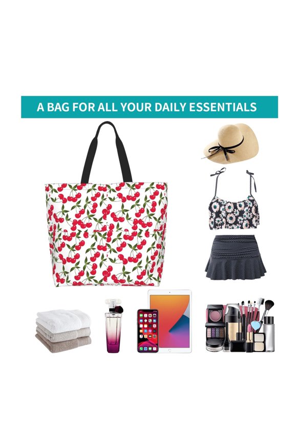 Cherry_1 Print Reusable Grocery Bags - Washable, Foldable, Packable Tote, Large Handles, Heavy Duty, Zippered Top Pouch