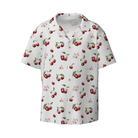 Ratiio Cherry Berries Print Mens Casual Short Sleeve Shirts Button Down Textured Shirts Summer Beach Shirt with Pocket Men's Casual Short-sleeved Shirt