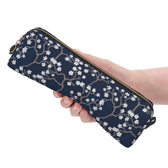 Ratiio Cherry Blossoms on Navy Background Pattern Leather Pencil Case, Pencil Pouch with Durable Zipper, Compact and Stylish Organizer for Stationery, Art Supplies, Travel Essentials