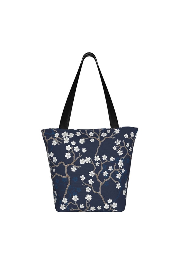 Cherry Blossoms on Navy Background Print Shoulder Bag for Women, Polyester Crossbody Purse Lightweight Handbag for Daily Travel and Casual Use