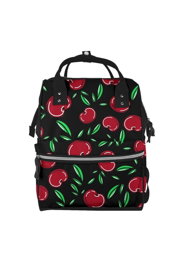 Cherry Mummy Backpack - Waterproof Twill Canvas, Large Capacity Diaper Bag with Multiple Pockets and Adjustable Straps
