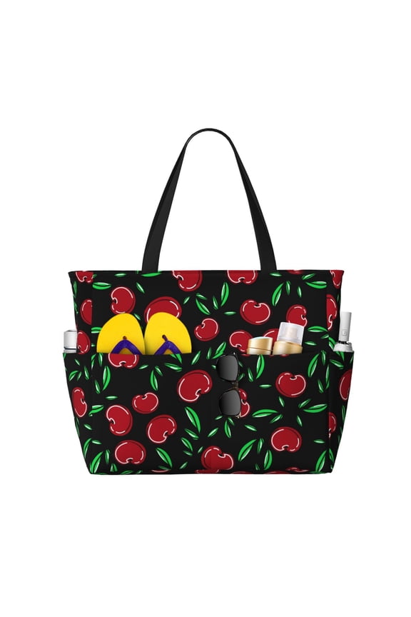 Cherry Print Large Capacity Beach Travel Bag, Polyester Waterproof Tote Bag with Zipper for Vacation and Daily Use