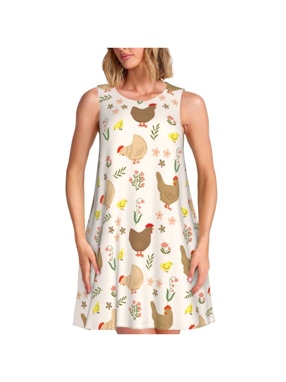Chicken Family Pattern Women's Sleeveless Dress - Casual Summer Dress with Pockets, Above Knee Length, Round Neck, Ideal for Beach, Vacation, Work
